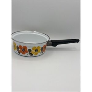 Vtg Austria Email Primavera Enamelware Saucepan Mod 70s Orange Floral Flower Pan